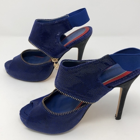 Alexander McQueen Blue Snakeskin Peep Toe Skull Zip Slingback Heels size 34 - Picture 5 of 7